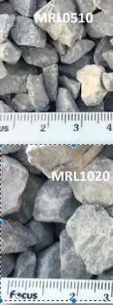 Aggregate grades MRL0510 and MRL1020 beside a ruler